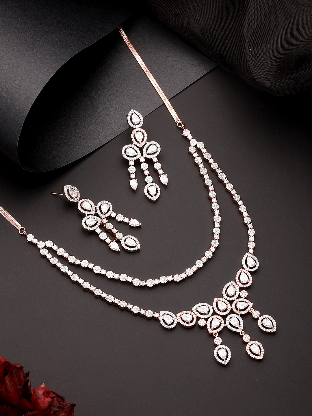 Rose Gold Toned Zircon Studded 2 - Lined Layered  Statement Necklace Jewellery Set